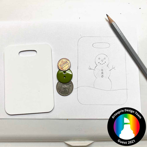 snowman bag tag template with design drawn in pencil