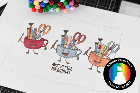 Colored in sublimation stamp designs with iron-on-ink markers 