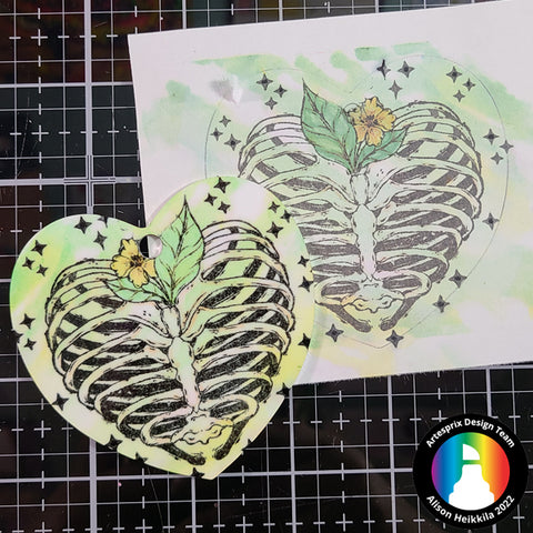sublimation stamp ink transfer onto heart ornament with gel press 