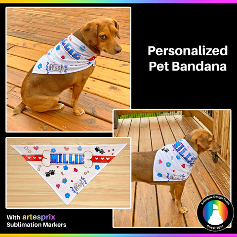 Artesprix sublimation marker, heat tape, pet bandana blank, protective paper, stamps, stamp block, and stamp ink pad. Also a pencil, paper, and chipboard letters to trace around