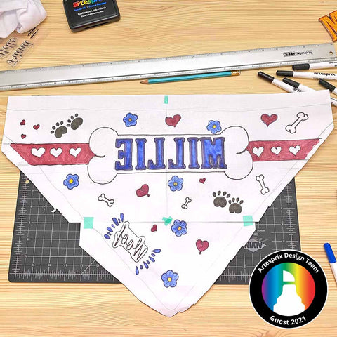 Personalized pet bandana design colored on paper with Artesprix sublimation markers