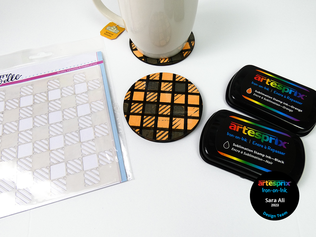 artesprix coasters with Heffy doodle stencil and gel press plate
