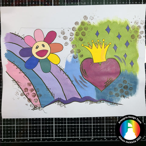 sublimation design with artesprix paint, stamp pad, and markers 