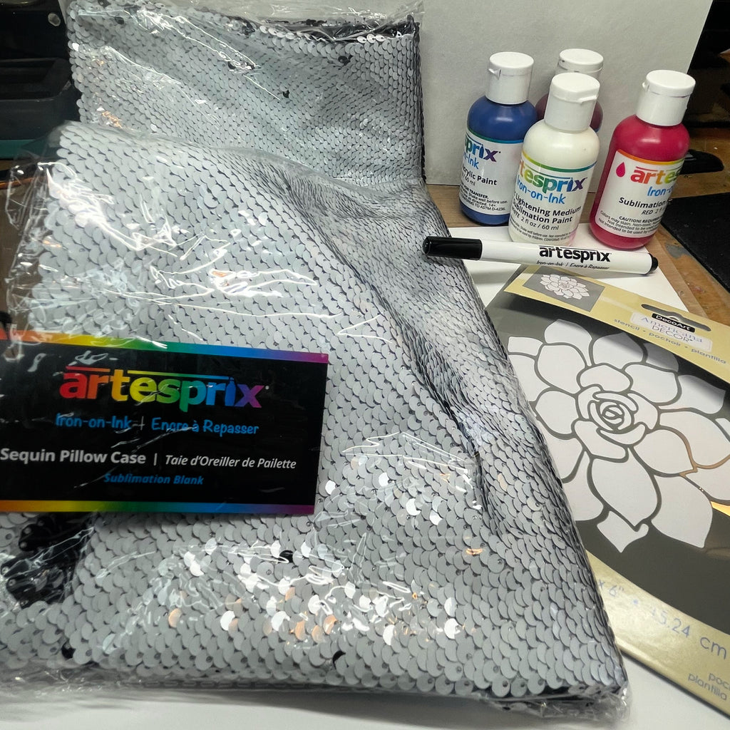 sublimation sequin pillow stencil artesprix paint 