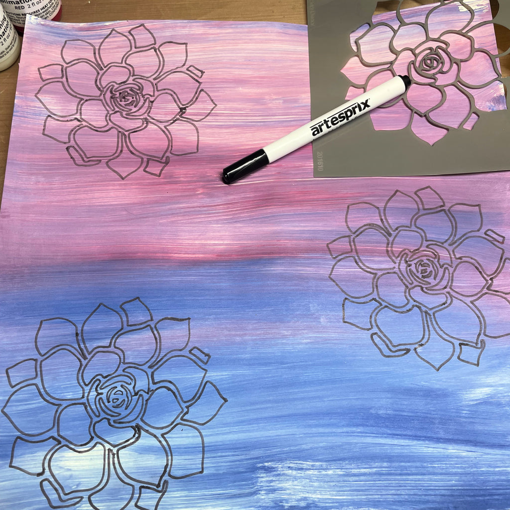 succulent stencil traced designs on sublimation paint design