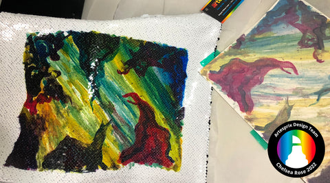 before and after sublimation paint sequin pillow transfer 