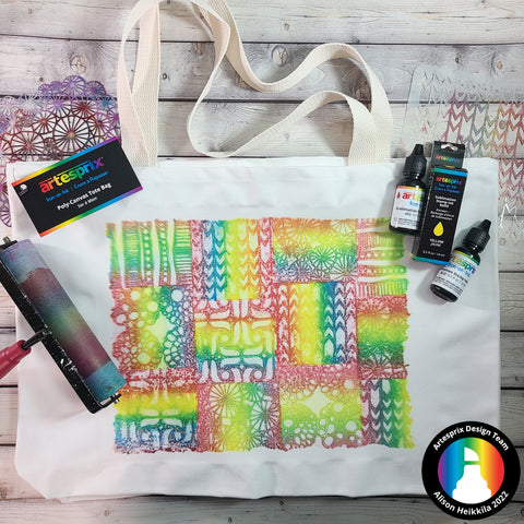 sublimated polyester tote bag with artesprix stamp inks 