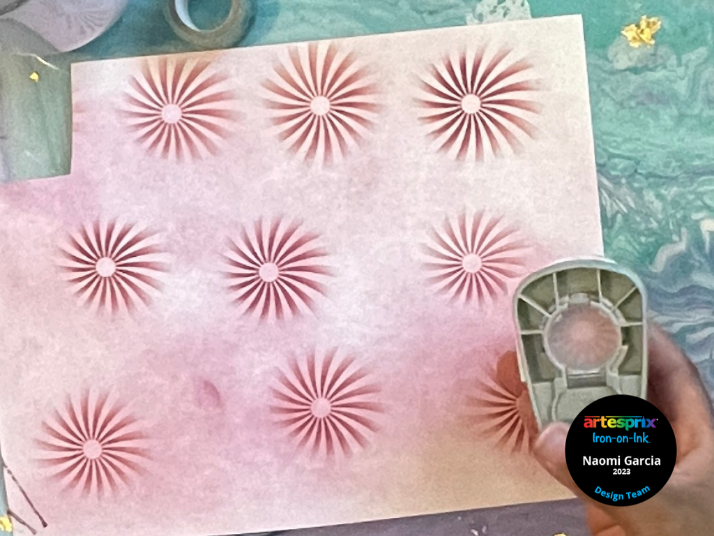 sublimation stamp pad stenciled design cut into circles before transfer