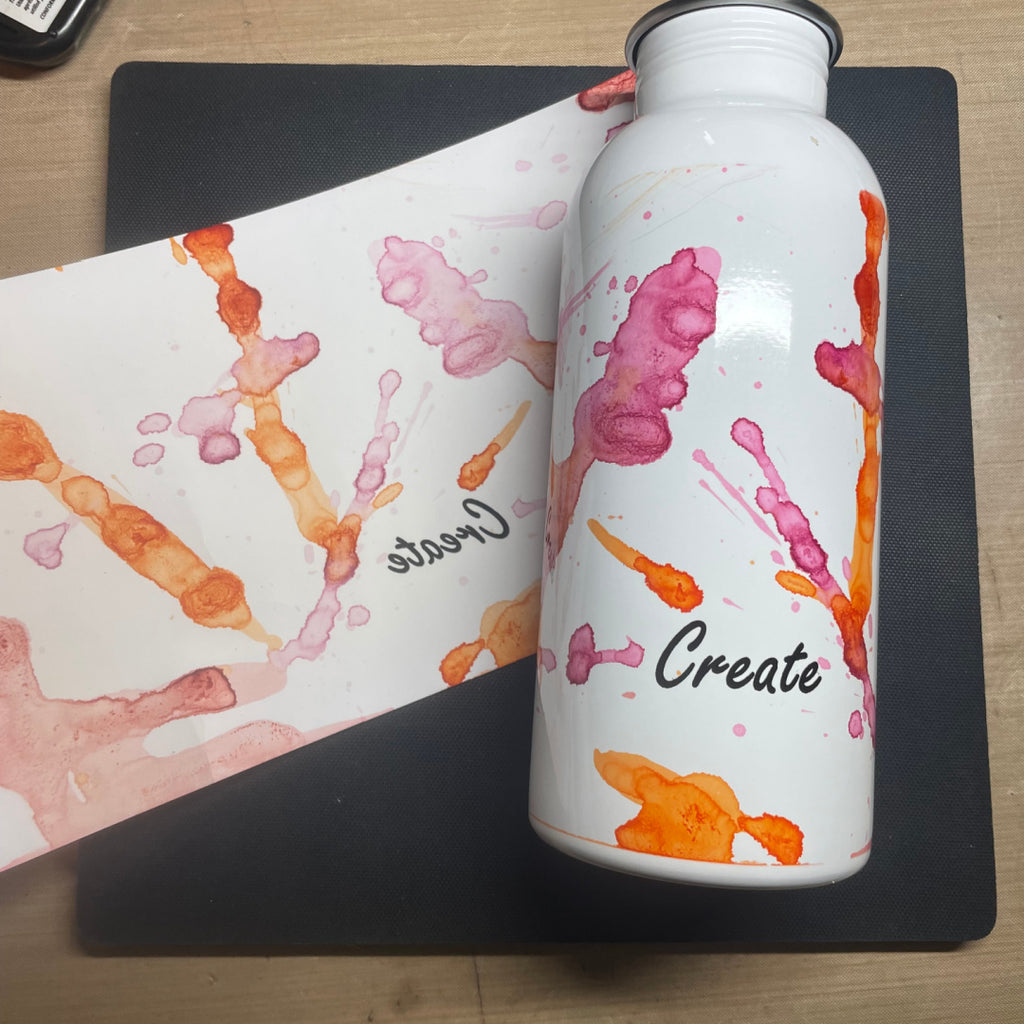 before and after artesprix stamp ink design on water bottle