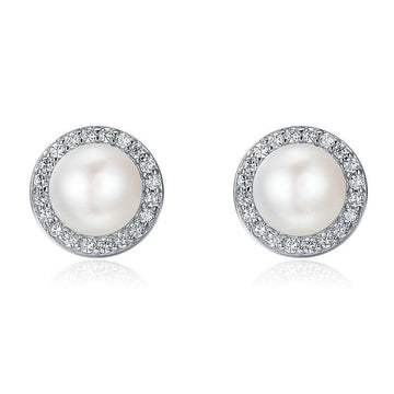 925 Sterling Silver Classic Round Sparkling Fresh Water Pearl Stud Earrings