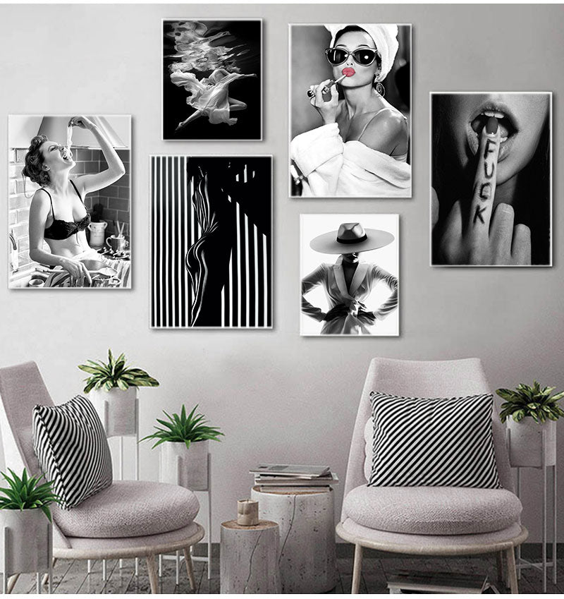 Beauty Wall Picture Painting Modern Home Decor Fashion Wall Art Black White Underwater Woman Print Sexy Female Canvas Art