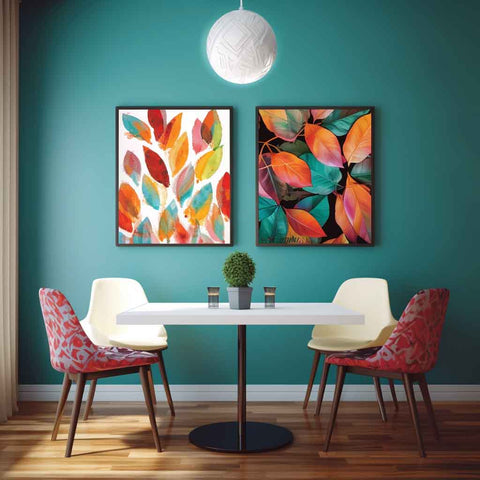 Two Portrait Extra Large Custom Canvas Prints of Artistic Leaves Hanging in a Dining Room MyPhotoArtStore.com