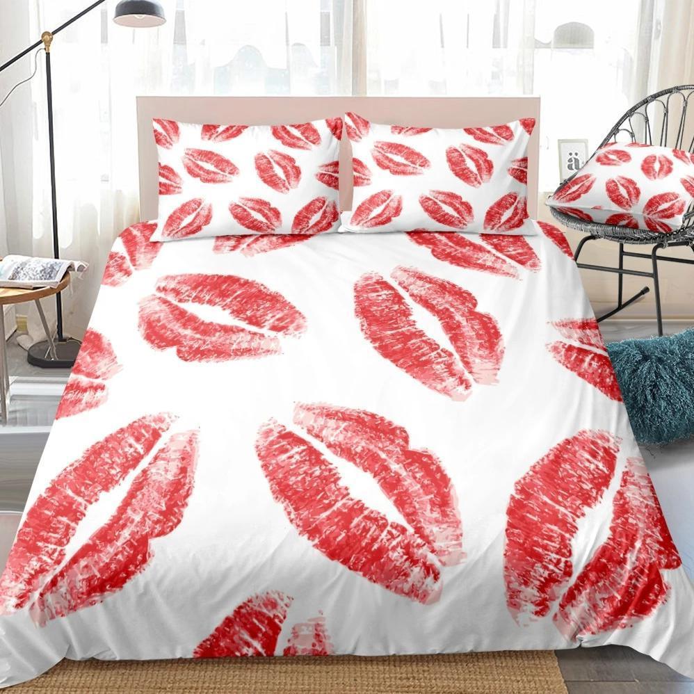 White 2 3 Piece Kissing Red Lip Pattern Duvet Cover Set Chillsshop