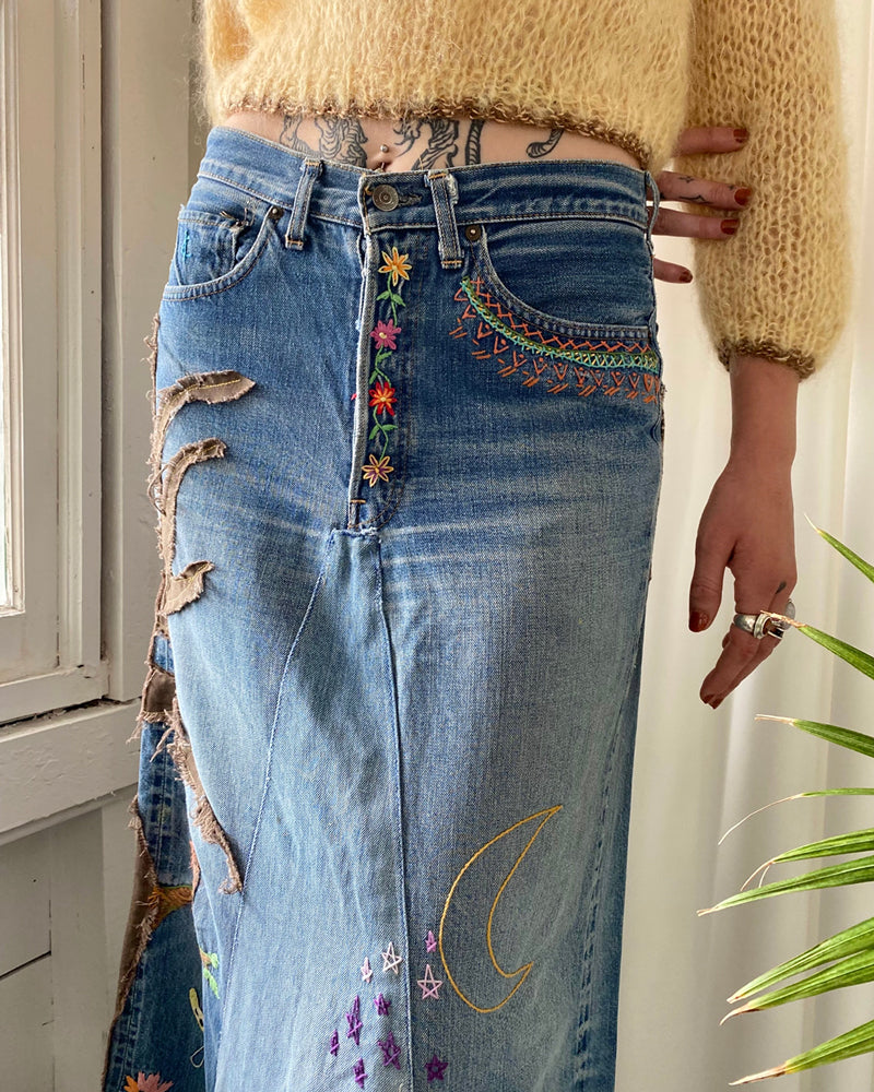 70s Levis Embroidered Selvedge Denim Skirt - Lucky Vintage