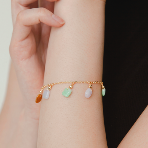 Spring Dusk Jade Bracelet made of 925 Sterling Silver Gold-Plated Bracelet, natural jadeite, and zircon