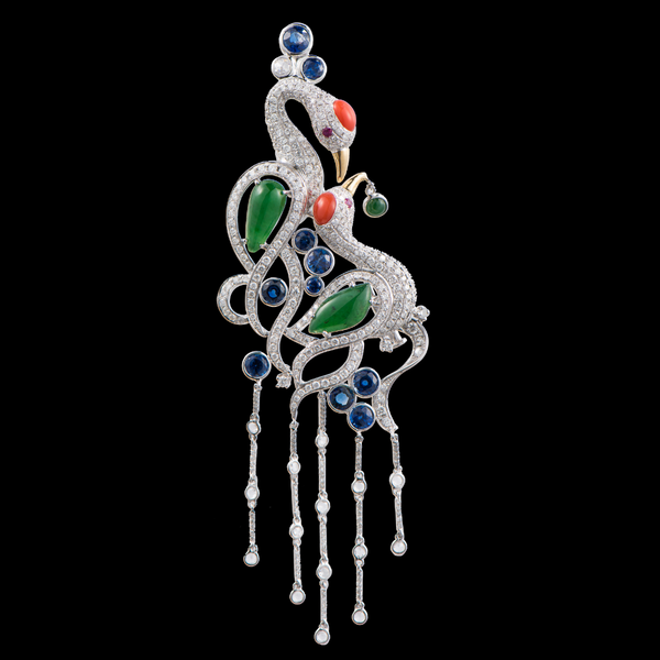 Crane brooch with jade, ruby, sapphire Jade Artisan