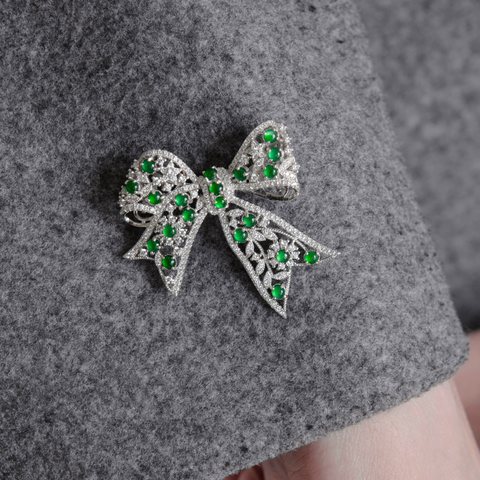 Luminous Green Ribbon 2 in 1 Jadeite Brooch made of 925 sterling sliver and green jadeite, and zircon