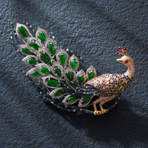 A bespoke custom Peacock Jade Brooch from Jade Artisan