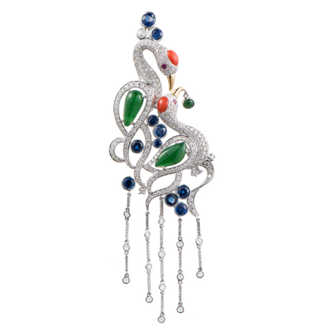 Craine brooch with jade, coral, sapphire