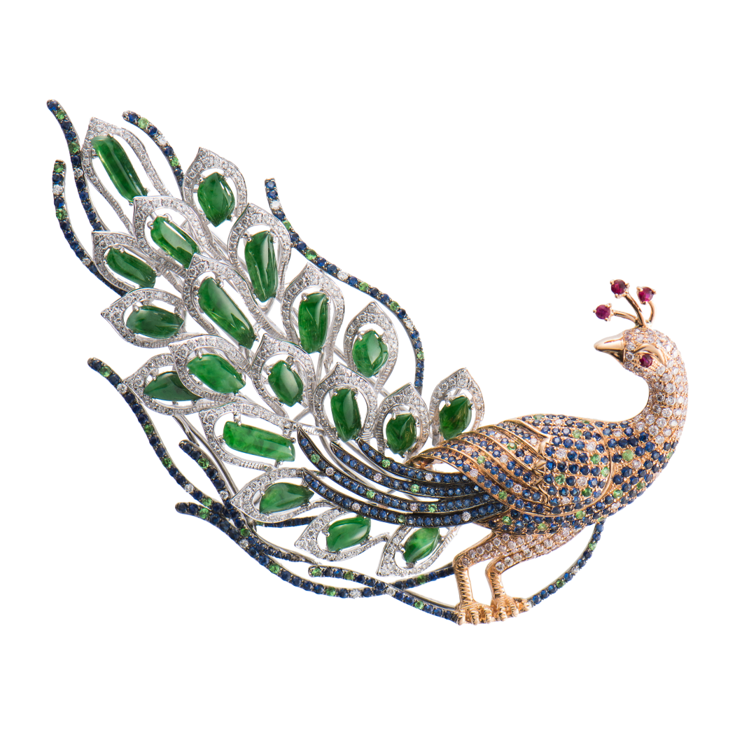 Peacock brooch with jade, ruby, tsavorite