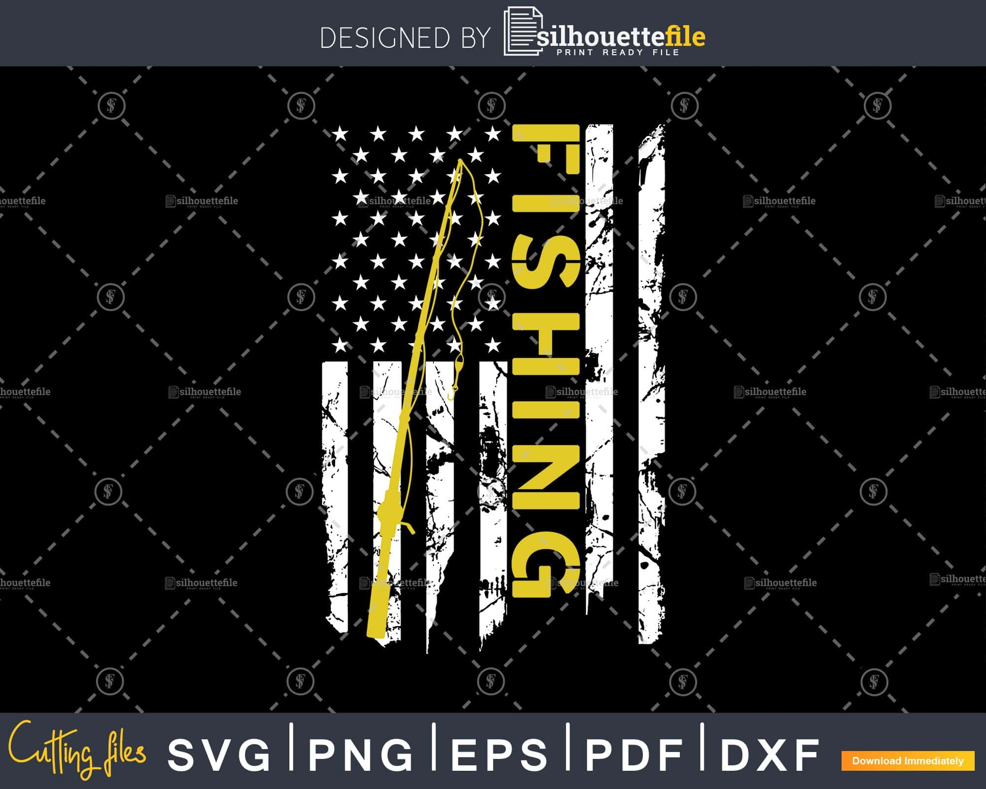 Download Fishing Rod Reel American Flag Svg Cut Instant Download Silhouette File Silhouettefile