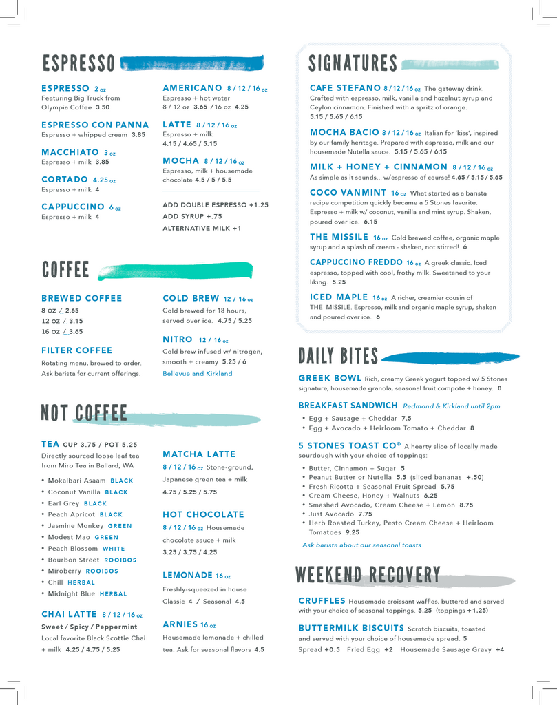 Cafe Menu – 5 Stones Coffee Co