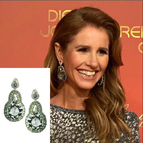 Mareile Höppner wearing green sparkling statement Maschalina earrings from natural materials