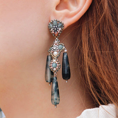 light blue statement earrings with dark green agate stone drops, white freshwater pearls and turquoise glass beads