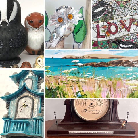 Ferrers art Gallery collage of handmade british art and crafts, with Alice Darkling's hand-painted wildlife nesting dolls, lucy davies cornwall seascape painting and rescue and revives recycled spoon bird sculptures. 