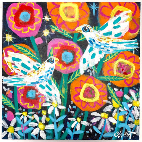 Abstract Birds and Flowers Painting by Claire West
