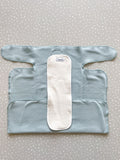 green/blue preflat cloth nappy with a hemp booster