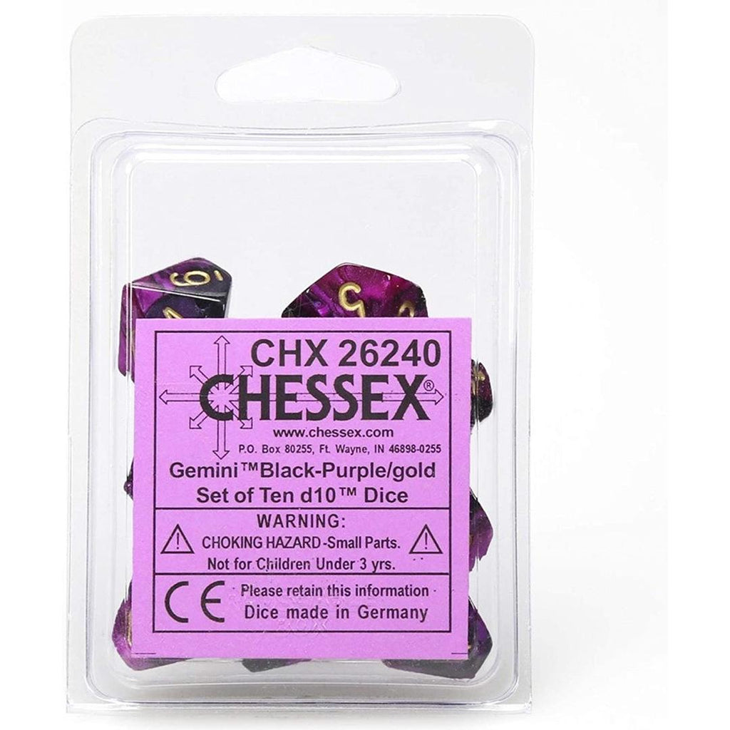 Chessex d10 Dice Set: Gemini Black-Purple w/ Gold (10)