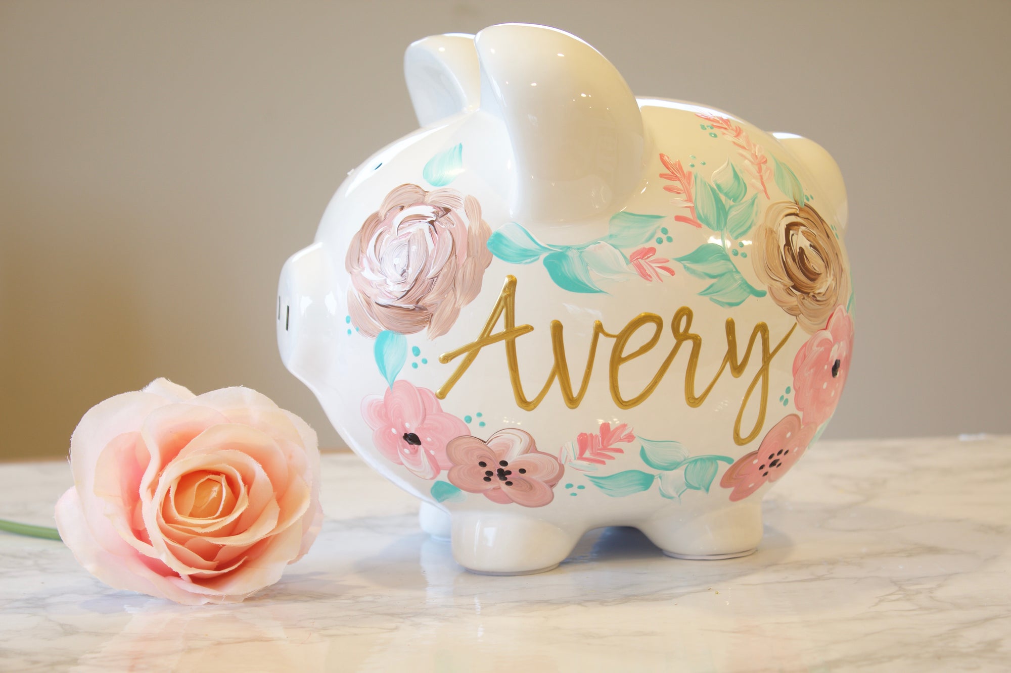 Baby Girl Boho Floral, Hand Personalized Piggy