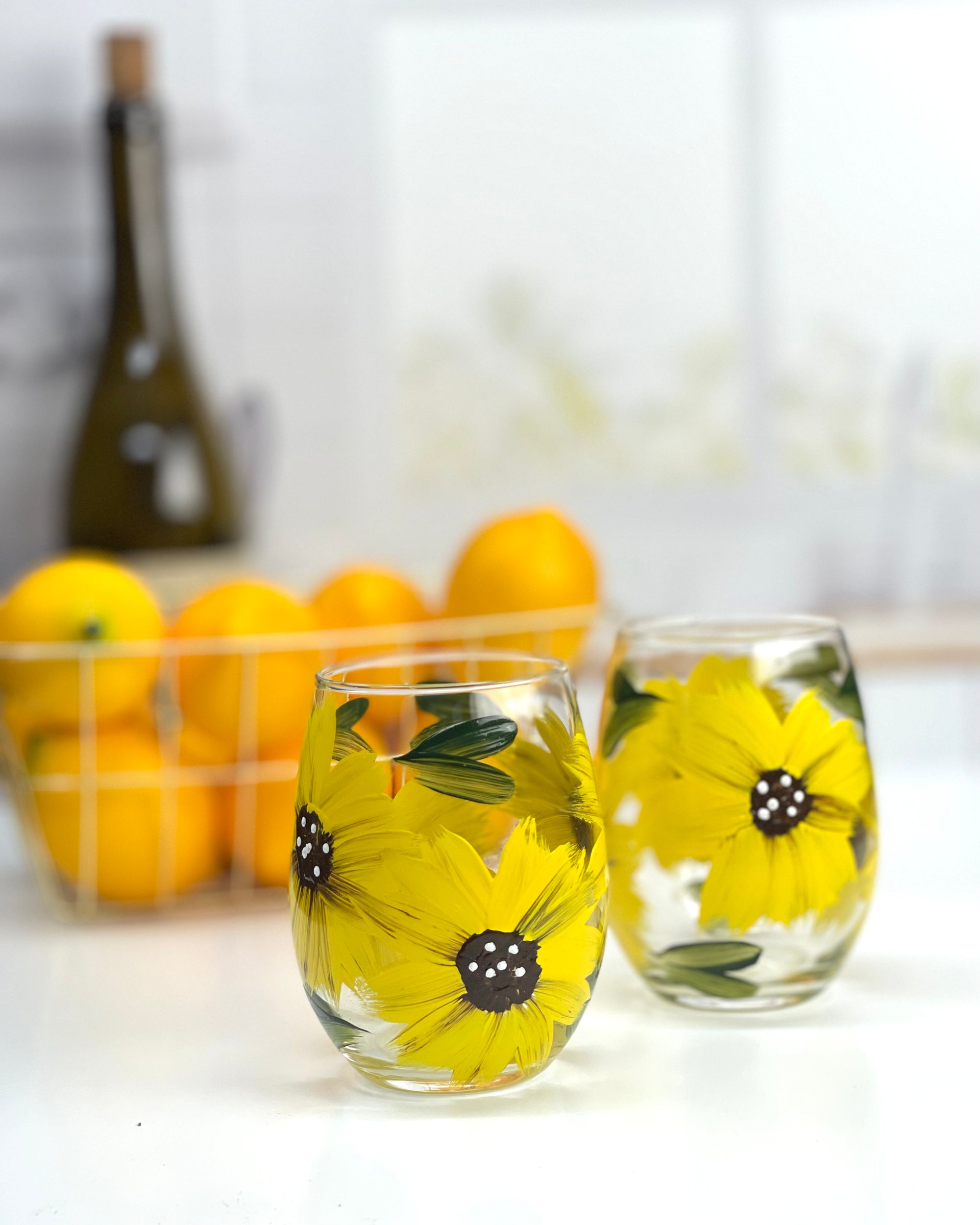 Set 4 New Hidalglass SUNFLOWER Stemless WINE GLASSES Drinking 17