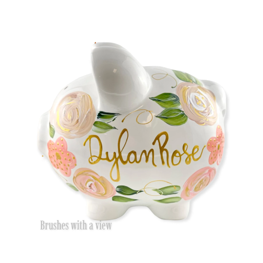 Large Boho Hand Painted Peach Floral Piggy Bank, Baby Girl Gift