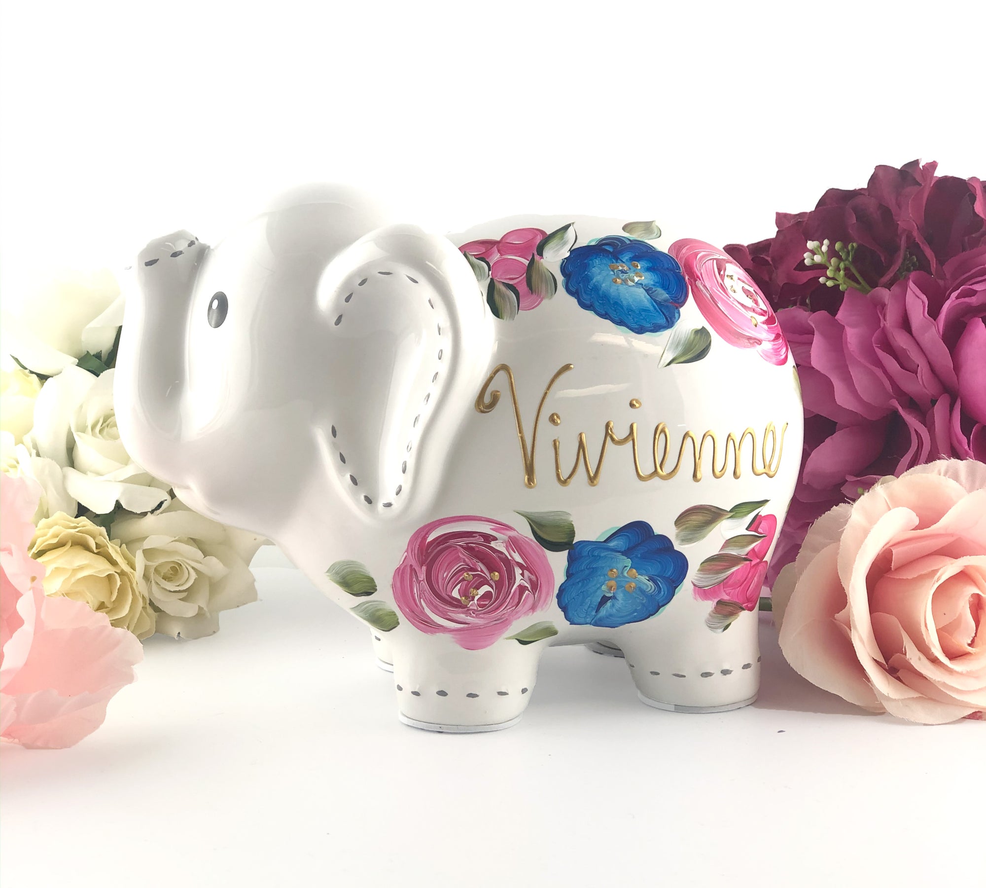 Hand Painted Elephant Piggy Bank with Light Pink and Purple Flowers