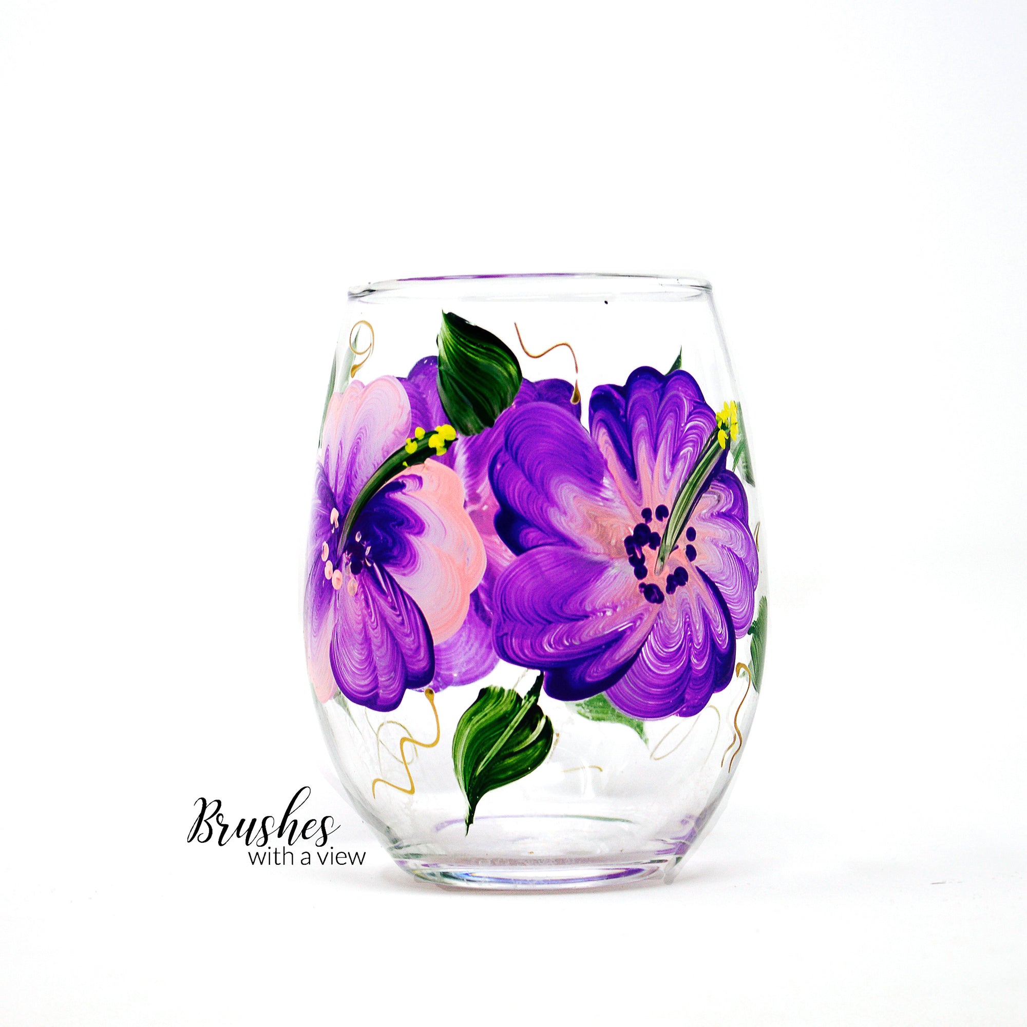 Wine Glass Hand Painted Purple Pansies Yellow Crystal Center Decorative  Glass x2