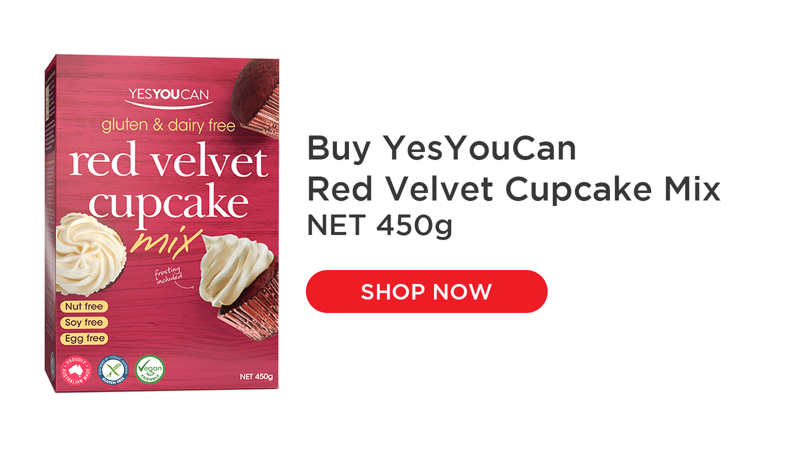 YesYouCan Red Velvet cupcakes not only look dramatic, they are absolutely delicious. With a mild cocoa flavour and delicately flavoured icing mix included, they offer a unique addition to parties or afternoon tea. Can be enjoyed at any time but are also fantastic for Christmas, Halloween, Valentine's Day or Mothers Day. Can be made as cupcakes or as a whole cake. Can be made dairy and egg free