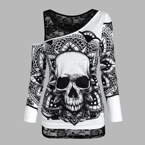 Gothic Casual Women T Shirts Skull Graphic Off Shoulder Two Piece Tee Sets Long Sleeve Spring Fashion Tops Female Clothes D30|T-Shirts|
