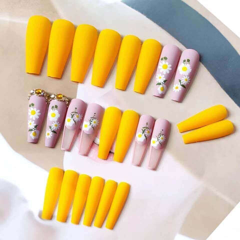 yellow coffin nails with flowers