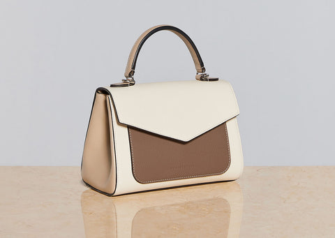 laura bag, premium leather, ivory etoupe greige , luxury , leather handbag