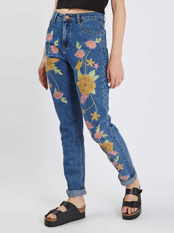 floral embroidered mom jeans