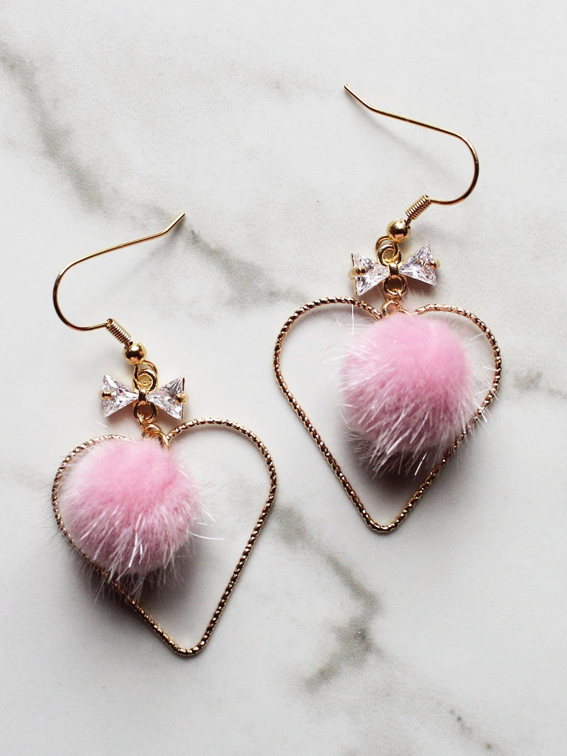 Heart Faux Fur Pink Pom Earrings-18K Gold Plated Feelin' Peachy