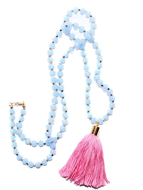 Powder Blue Long Beaded Crystal Tassel Necklace