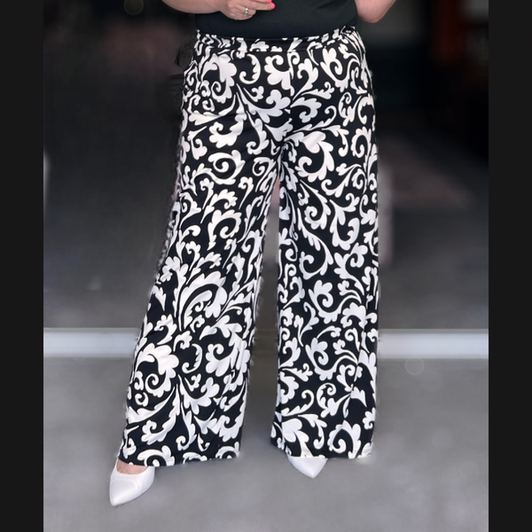 BLACK WHITE FINE PAISLEY WIDE LEG PALAZZO TROUSERS – rockthosecurves