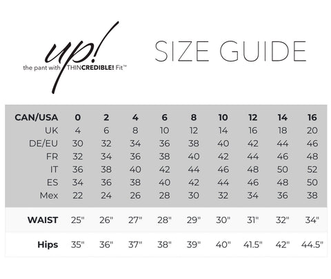 up! pants size chart