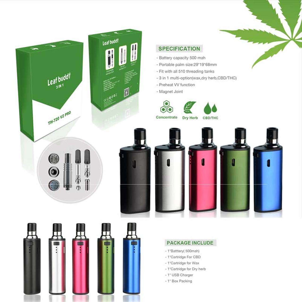 Leaf Buddi TH720 V2 Pro 3 In 1 VV 500mAh Kit w/ Atomizer Black Lava Vape