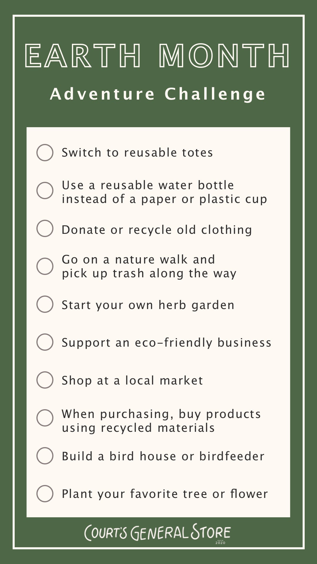 Court's General Store Earth Month Adventure Challenge List