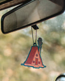 A-frame shaped fragrance hanging from car mirror