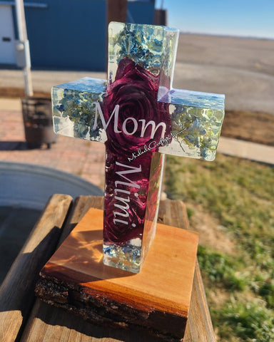 Resin Cross with Perserved Flowers with MOM